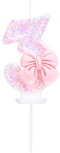 EAKE Geburtstagskerze Nummer 3, rosa Glitzer mit 3D-Schleife, 3 Kerzen, Geburtstag, Mädchen, Frauen, pastellfarben, süßes Thema, 3. Geburtstag, Hochzeit, Jahrestag, Party, Kuchendekoration