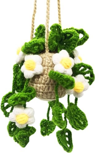 Car Hanging Ornament Cute Crochet Car Hanging Plant Basket, Knitted Boho Plant for Car Decor, Car Accessories, Car Ornament Rear View Mirror Decoration Accessories-White Flower