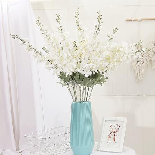 Xshelley 5pieces 34 inches Delphinium Artificial Flower Faux Larkspur Long Stem Fake Floral Silk Bouquets Plant,Silk Flowers for Home Decor Indoor Outdoo (White)