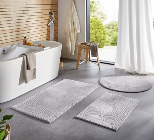 Taracarpet Badematte Homestyle rutschfest waschbar Badezimmerteppich Bad-Vorleger, WC Deko, Duschvorleger für Dusche und Badewannen sehr weich und kombinierbar Grau Wellen 080x150 cm