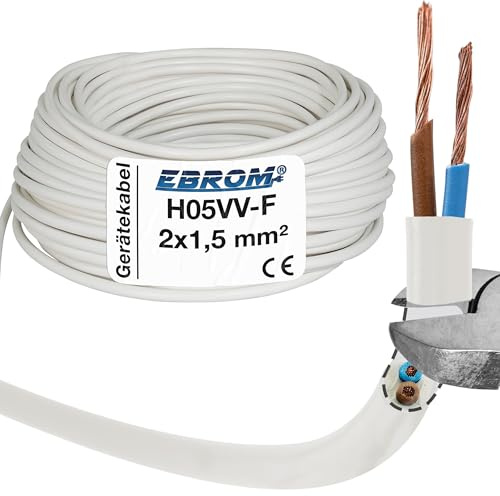 EBROM - H05VV-F 2x1,5 mm² PVC Schlauchleitung, WEIß, Gerätekabel, 40 Meter | Flexibles Kabel RUND 2x1,5 mm2, 2-adrig, z.B. für Haushaltsgeräte Heizgeräte Anschlussleitungen, für mittlere Beanspruchungen