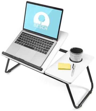 BESCH Bandeja Madera para Cama Plegable Abatible con Portavasos 55x32x25cm, Mesa Plegable Desayuno Multiuso Ideal para Ordenador Portátil, Trabajo y Leer (Blanco)