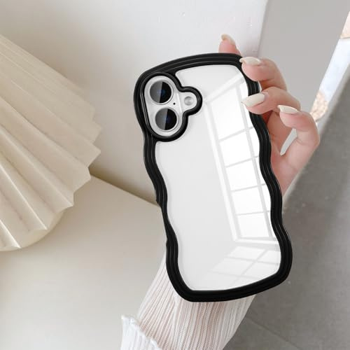 UEEBAI Case for iPhone 16 Plus 6.7, Clear Cute Pretty Colorful Wave Curly Frame Slim Fit Shockproof Phone Bumper Cover for Women Girl Translucent Soft Pretty Anti-Scratch Protective TPU Case - Black