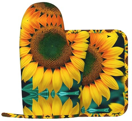 Guanti da forno in silicone con girasole arcobaleno e presina, guanti da forno per grigliare e cuocere al forno
