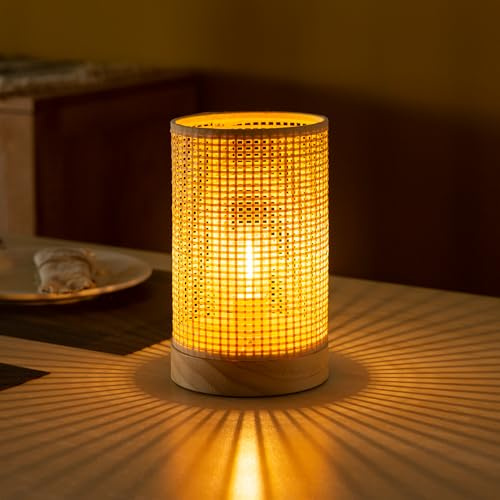 LUSHARBOR Battery Operated Lamp Boho Rattan Table Lamp with Timer, Battery Powered Lamp Bedside Cordless Accent Lamp for Livingroom/Entryway/Tabletop Decor Beige