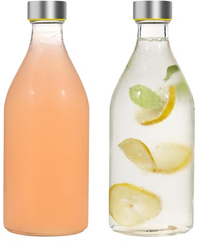 LIMILI Botellas de vidrio, botella de agua de vidrio de 1 litro con tapas de acero inoxidable, a prueba de fugas, reutilizable, para bebidas frías y calientes, fiestas, hogar, cocina (2 unidades