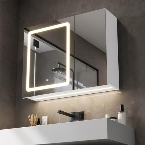 KIMENICH Spiegelschrank, Spiegelschrank mit 2 LED Streifen, Spiegelschranks Bad mit Beleuchtung, 3 Farbtemperatur Dimmbare, 2 Türen, Badezimmer Spiegelschranks mit Verstellbaren Ablage
