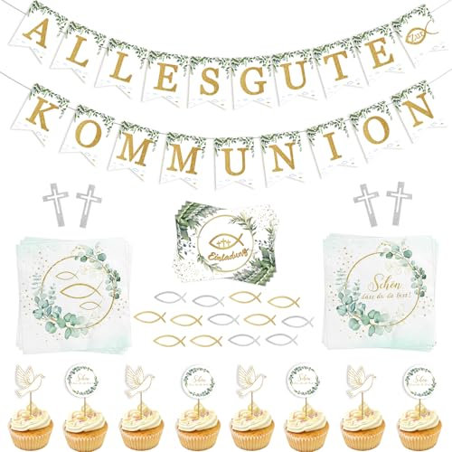 Kommunion Deko 105Stück für Mädchen Junge, Kommunion Servietten+Tortendeko+Girlande Alles Gute Zum Komminion+Einladungskarten+Fische+Kreuze, Erstkommunion Taufe Konfirmation Party Tischdeko Grün Gold