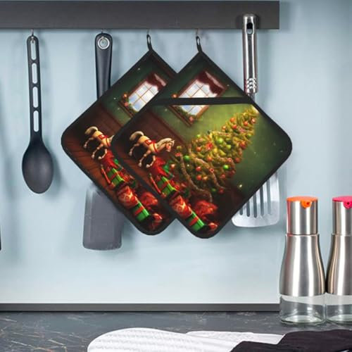 2 presine con tasca per albero di Natale, presina da cucina, resistente al calore, in spugna, sottobicchiere da forno, guanti da forno per cucina, sottopentola per cottura 20 x 20 cm