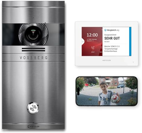 Metzler VDM10 2.0 Video Sprechanlage Komplett Set mit Laser Gravur Namensschild - Anschluss 2-Draht - Türsprechanlage mit HD-Kamera und Bildschirm für 1 Familienhaus, aus rostfreiem V2A Edelstahl