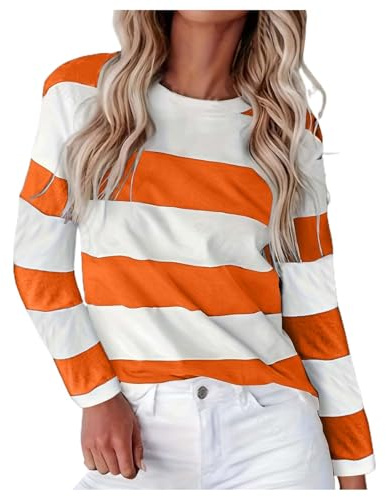 Camiseta de rayas para mujer, cuello redondo, básica, camiseta de manga larga, camiseta de manga larga T Y2k, jersey rojo, camiseta de rayas extragrande, parte superior boho, 01 naranja., S