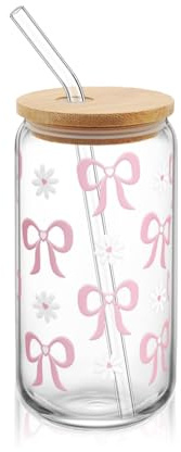 Hebterrka Aesthetic Clean Girl Vaso de Cristal con Tapa y Pajilla, Vaso con Lazo Rosa, Incluye Pajilla de Cristal, Pajilla de Metal y Cepillo de Limpieza