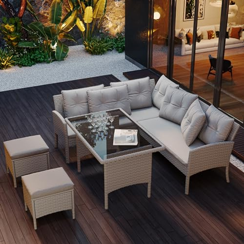 Gegtuon Gartenmöbel Sitzgruppe aus Rattan für Garten für 7 Personen, Essgruppe Lounge mit Tisch Stühle, Möbel Outdoor mit Couchtisch, Sofa & Kissen für Balkon, Gartenlounge Gartenmöbel-Set (Khaki)