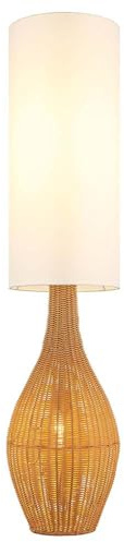 Stehlampe Rattan Optik braun Boho Stehleuchte Textil Wohnzimmerlampe weiß Beistellleuchte, Kunststoff, 2x E27, DxH 27 x 125 cm