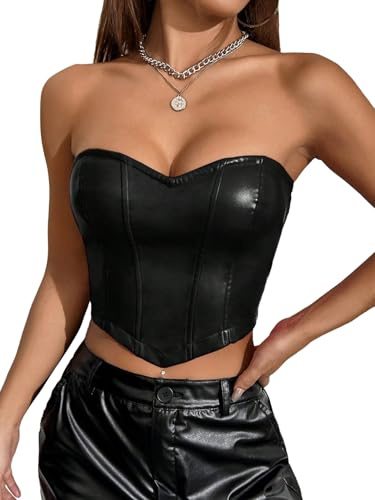 GORGLITTER Damen Top Bandeau Tops Trägerloses Leder Top Ärmelloses Shirt Croptop Bauchfreies Oberteil Sommer Partytop PU Leder Sommertop Tube-Top Schwarz M
