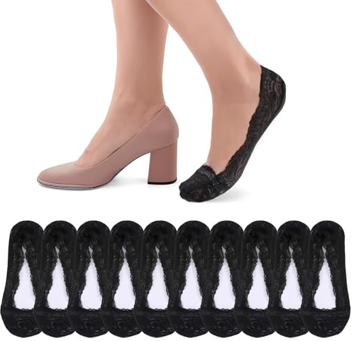 6 Paar No Show Socken Damen Füßlinge, Atmungsaktiv Spitze Socken mit Rutschfest Silikon, Unsichtbare Baumwolle Ballerina Sockens Schwarze Füßlinge Damen für High Heels, Wohnungen, Ballettschuhe