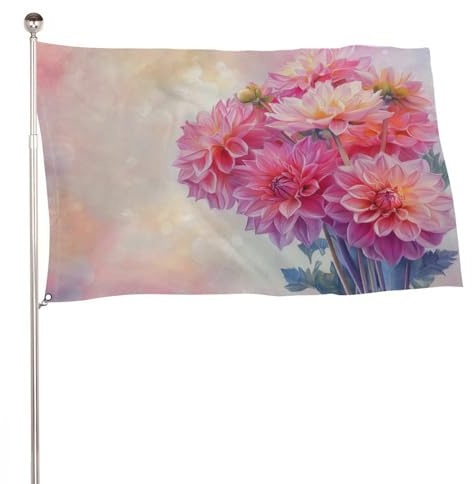 Bouquet de drapeaux de dahlias roses de 0,9 x 1,5 m, bannière de décoration pour cour, porche, pelouse, ferme