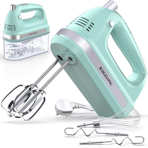 BAIGELONG Hand Electric Mixer, 300W Ultra Power Food Kitchen Mixer with 5 Self-Control Speeds + Turbo Boost, 5 Stainless Steel Attachments Handheld Blender for Baking, GREEN