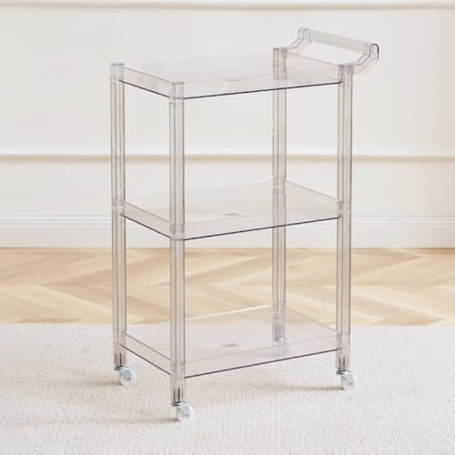 KEJIAWU Beistelltisch Couch，3-Ebenen Acryl-Beistelltisch mit Rollen und Griff, Multifunktionsbarwagen for Küche, Wohnzimmer oder Esszimmer, Raumsparend(Clear)