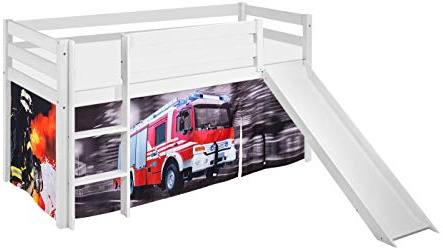 Lilokids Hochbett mit Rutsche JELLE 90×200 cm | 90x190 cm – Kinderbett & Spielbett aus Massivholz (Kiefer) inkl. Lattenrost – Verschiedene Markenmotive (Feuerwehr, 90 x 190 cm)