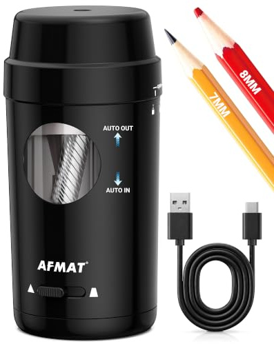 AFMAT Elektrischer Anspitzer mit Behälter Kinder, Vollautomatischer Spitzer Elektrisch für 7–8 mm Graphit- Und Buntstiften, USB Auto in & out Spitzer mit Dose Akku, Schwarz, PSX8