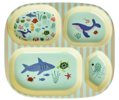 ReWu Rice Melamin Kinderteller, Blue Ocean Print, 4er Einteilung