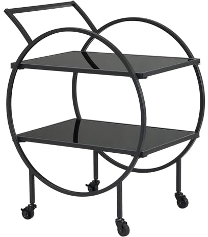 FineBuy Carrello di Servizio Design con Ruote e Freno, 2 Ripiani Aperti in Vetro Nero, Carrello Bar, Carrello da Tè, Carrello Multiuso, Carrello da Cucina per Sala da Pranzo, Cucina, Bar Nero