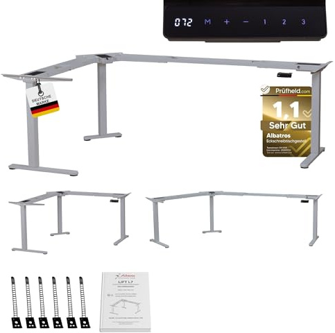 ALBATROS Lift L7 Eckschreibtisch | 3 Motoren, 120kg, 90-180°, Display | Elektrisch höhenverstellbar, stufenlos, Gen 4.0, Metallgestell Silber, für Homeoffice & Büro, ergonomisch, leise & stabil