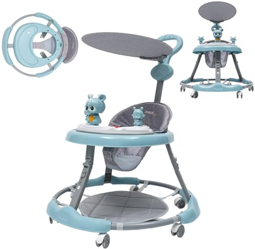 Lauflernwagen Lauflernhilfe, Gehhilfe Baby aus PVC, Lauflernhilfe ab 1 Jahr mit Sonnenschirm Fußmatte, Einstellbarer Höhe & Geschwindigkeit, für Babys Jungen Mädchen ab 6-18 Monate, bis 15kg (Blau)