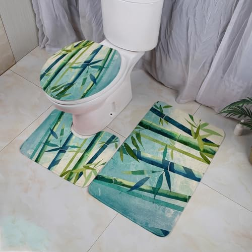 Tappeto Bagno Bamboo Blu Verde Tappeti Bagno Set 3 Pezzi Antiscivolo Contorno WC Tappetino Assorbente Doccia Lavabile Copertura per Il Coperchio del WC 45x75 cm