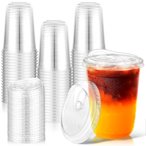 KesaPlan 50Pack 460ml(16oz) Clear Plastic Cups with Strawless Lips - Reusable PET Takeaway Coffee Cups for Iced Coffee Bubble Tea Smoothies & Cold Drinks, Plastic Cup Party & Commercial Drinkware