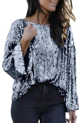 tacniseyw Top scintillante da donna UK taglie forti paillettes party top eleganti spalle dritte Shimmer elegante donna drappeggio volant manica top da sera pullover Y2K camicette girocollo