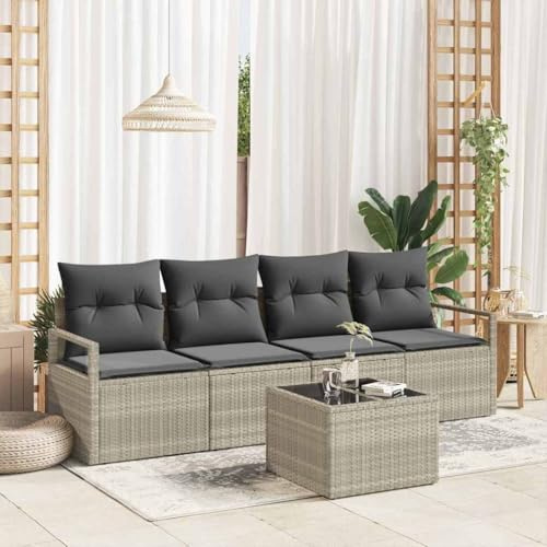 Runheo Garten Loungeset 5-teilig, Hellgrau Dunkelgrau Poly-Rattan, UV-beständig, Stahlrahmen, abnehmbare Kissen, für Terrasse Balkon, modernes Outdoor-Möbelset