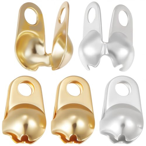 Beebeecraft 100 Stück 2 Farben Messing Perlenspitzen 6.5x3mm 18K Gold und Sterling Silber Beschichtet Kleine Öffnung Flip Falten Perlenspitzen Knoten Deckel Endkappen Kugelketten für Schmuck