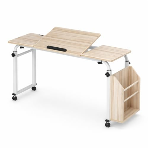 Overbed Table, Adjustable Height and Length Bed Laptop Table with Wheels, 47.24 over Bed Desk with Tilt Board for Laptop and Eating, Rolling Hospital Bed Table for Home, Bedroom & Recovery, White