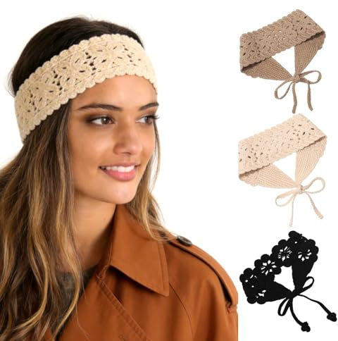Floruvia Lot de 3 Bandeaux Hippie pour Femmes, Bandeau Boho Tricoté Enveloppé Floral pour Femmes et Filles (Noir+Beige+Café)