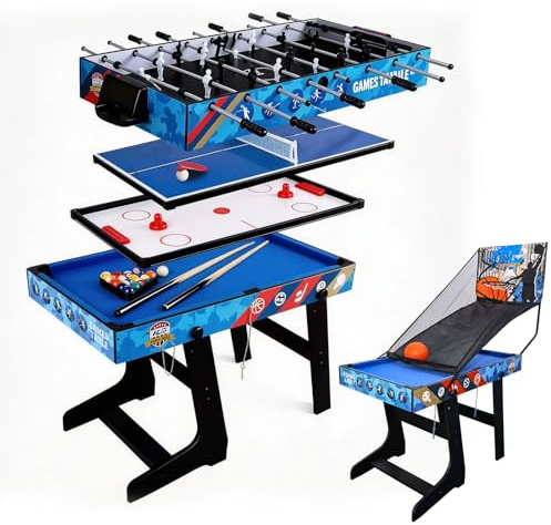 Hyner 5 in 1 Klappbarer Multifunktionsspieltisch: Billard, Tischkicker, Tischbasketball, Air Hockey & Tischtennis, Vollausgestattet für Spielzimmer, Kinder & Erwachsene, Perfektes Festgeschenk