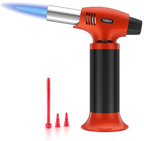 Küchenbrenner, Nachfüllbarer Flambierbrenner & Bunsenbrenner, Mini-Brenner mit Sicherheitsschloss, einstellbarer Flamme &Dauerflammenmodus für Camping,Lötarbeiten,Orange-Schwarz(Butan nicht enthalten)