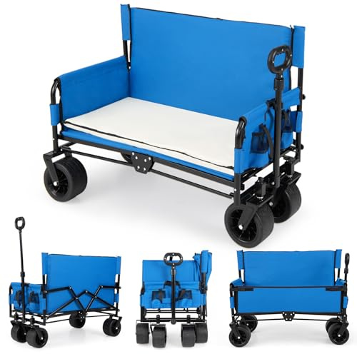 COSTWAY 2 in 1 Carrello Pieghevole con Panca, Carrello Trasportabile con Maniglia Regolabile, Cuscini Morbidi e Ruote, Carrello da Giardino in 600D Oxford, 80 kg, 85 L, per Campeggio e Spiaggia (Blu)