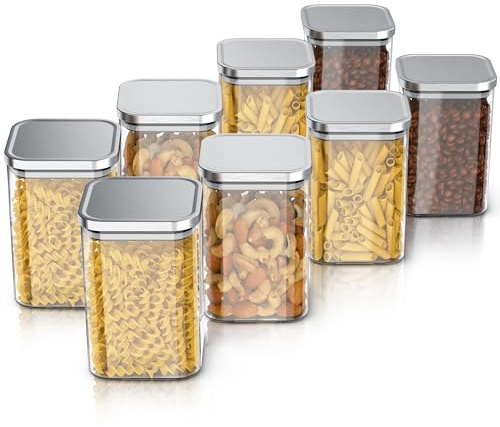 Arendo - Vorratsgläser 1200ml mit Deckel Edelstahl - 8er Set - Behälter aus Glas – hitzebeständig – Vorratsdosen/Vorratsbehälter mit Edelstahl Deckel - luftdicht - für Müsli Zucker Mehl Kaffee