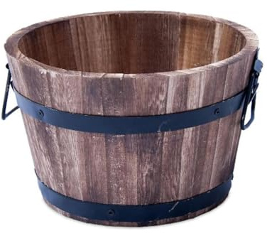 shopior Rustic Round Burnt Wood Whiskey Barrel Planter – Outdoor Wooden Garden Plant Pot with Handles – Weatherproof Flower Tub with Drainage – Decorative Patio & Balcony Planter (Pack of 1, 45cm)