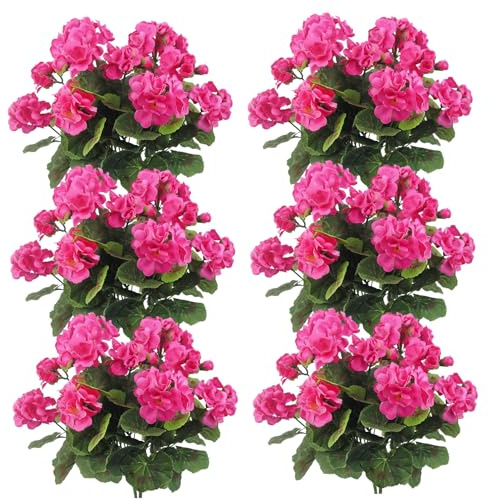 Temeemeg 12 Piezas de Geranios Flores Artificiales Geranios Realistas Flor de Seda Artificial de 14 Pulgadas para Exteriores Jardín Patio Tumba Cementerio Florero Mesa Centro de Mesa Rosa Rojo.