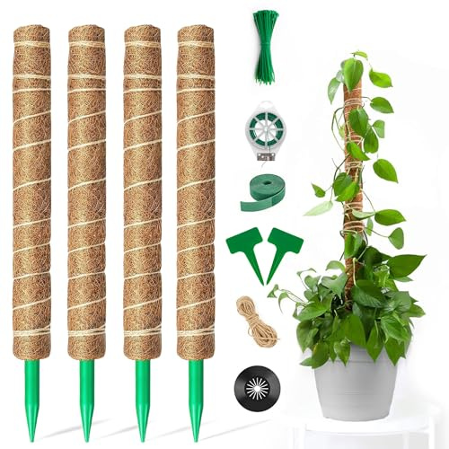 4 Stück 42cm Monstera Rankhilfe,VerläNgerbar Up To132cm natürliche Pflanzenstütze mit Zubehör und Stabilisator,Pflanzen Rankhilfe Fuer Monstera Monstera,für Monststera & Garten Kletterpflanzen im Zim