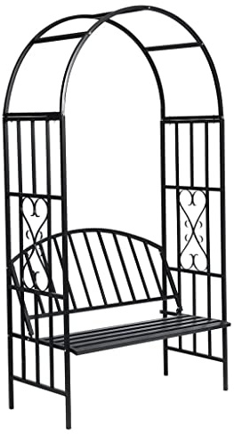 Kaloriko Arche Treillage de Jardin avec Banc, pergola en métal revêtu de Poudre Noir 114 x 57 x 210 cm, Support pour Plante grimpante, Rosier, Lierre, Vigne, terrasse et Cour