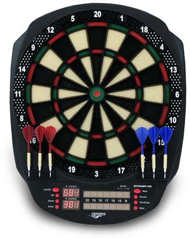 Carromco Dartboard STRIKER-401 – Elektronische Dartscheibe mit 6 Softdarts, 1-8 Spieler, 35 Spiele & 584 Varianten, 3-Loch Abstand, Catchring – Dart Set für Kinder & Erwachsene (Modell 92445)