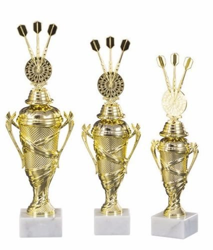RaRu 3er-Serie Dart-Pokale (Verschiedene Figuren zur Auswahl) mit Wunschgravur (Mit Einzel-Dartpfeil)