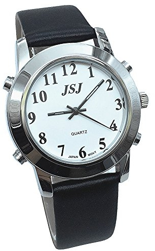 VISIONU Reloj Parlante en Español, Reloj de Pulsera,Esfera Blanco, Negro Correa de Cuero 232ES