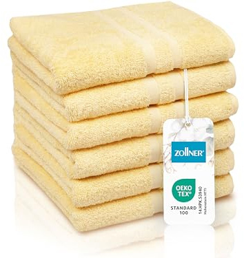 ZOLLNER 6er Set Handtücher in 50x100 cm - Flauschige Badetücher aus Baumwolle - mit moderner Streifenbordüre - bis 60°C waschbar - mit praktischem Aufhänger - in gelb - Hotelqualität