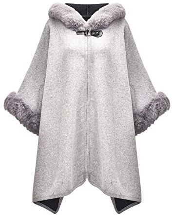 ZLYC Women Winter Hooded Poncho Lape Faux Fur Warm Cardigan Sweater Cloak(Light Grey),One Size