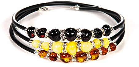 AMBERAGE Natural Baltic Amber Triple Wrap Bracelet for Women – Cognac, Matt & Dark Cherry – Handmade Almost Round Baroque Amber Beads (~4–7 mm) – Approx. 51–52 cm (20.07–20.47 inch) Elastic Multi-Layer Bracelet with Certificate